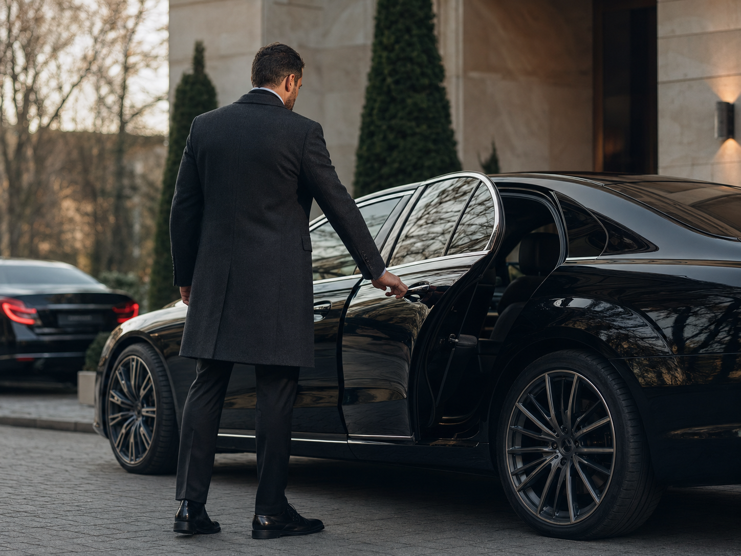 Close protection professional beside an executive vehicle