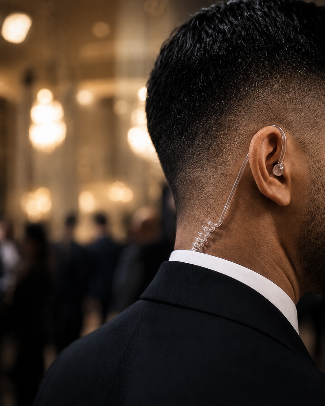 Close protection professional wearing a discreet communications earpiece